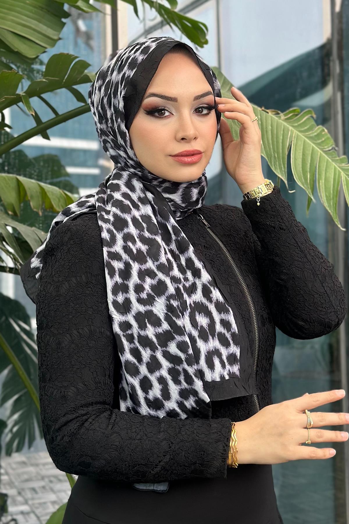 Leopar Desen Kraş Şal Gümüş
