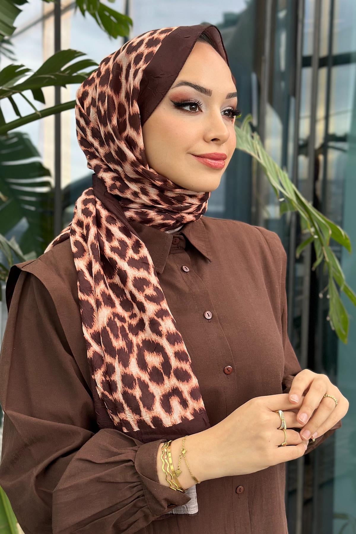 Leopar Desen Kraş Şal Kahve