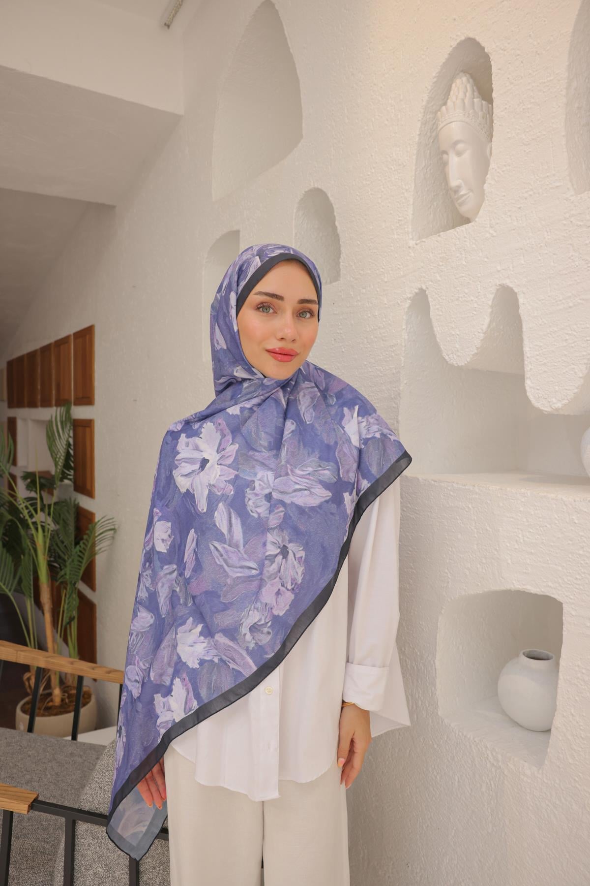Lilyum Desenli Pamuk Şal Mor Mavi