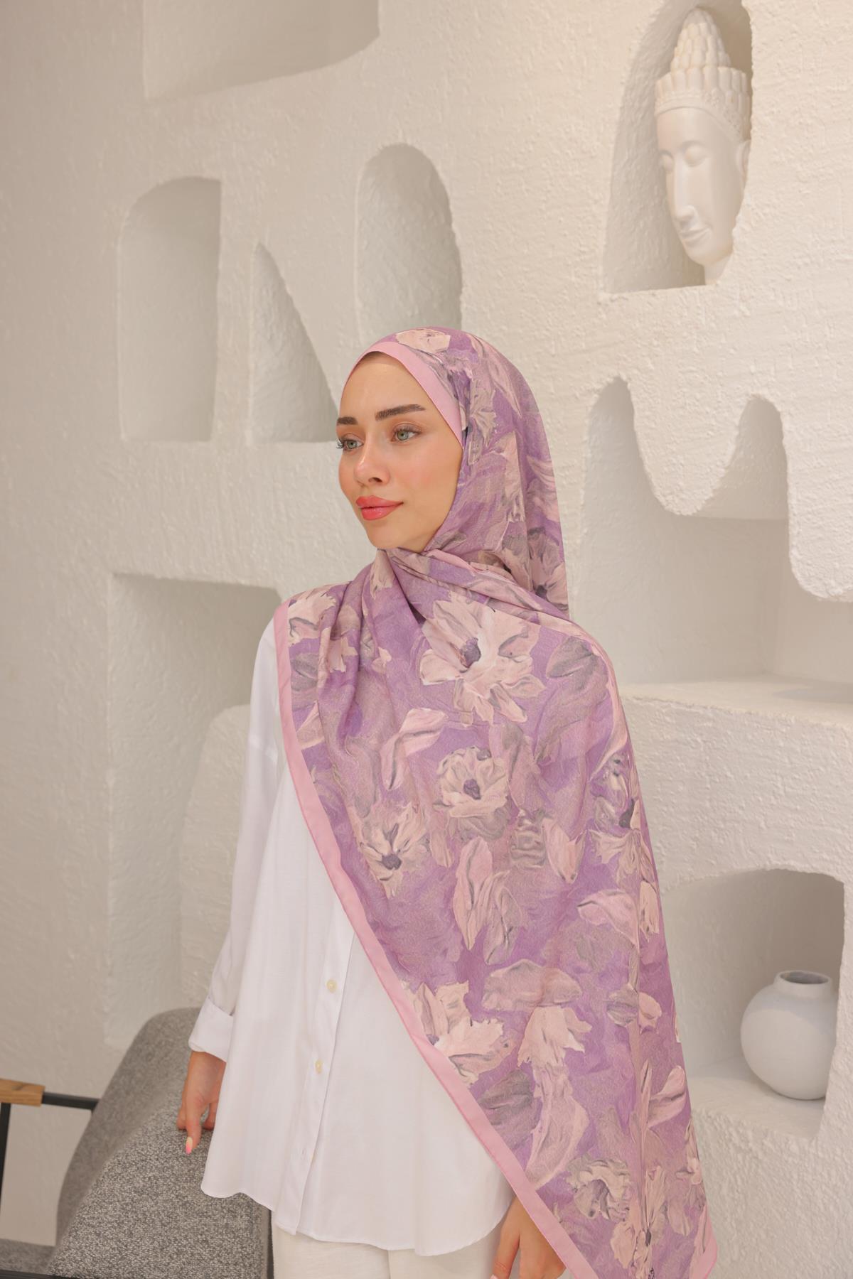 Lilyum Desenli Pamuk Şal Uçuk Pembe
