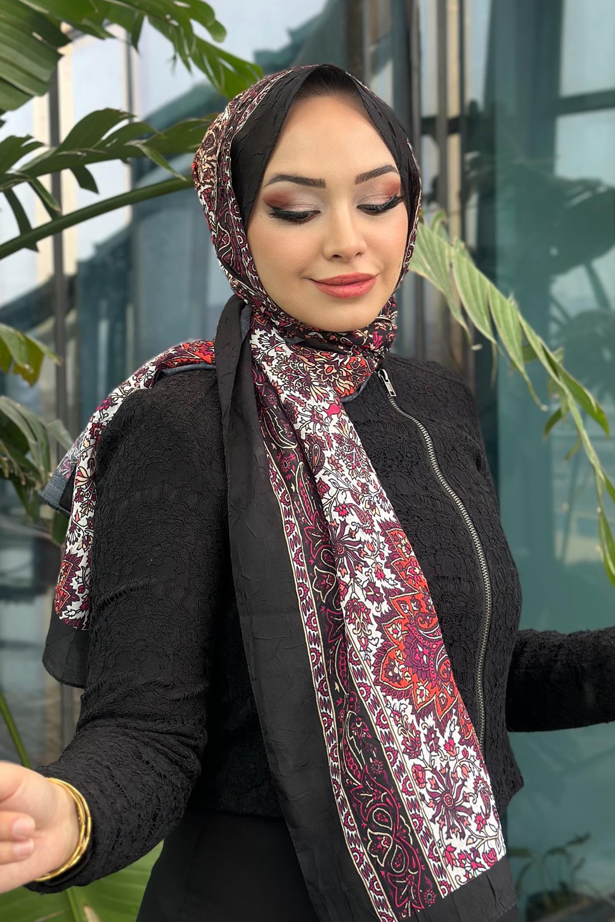 Paisley Desen Kraş Şal Vişne Siyah