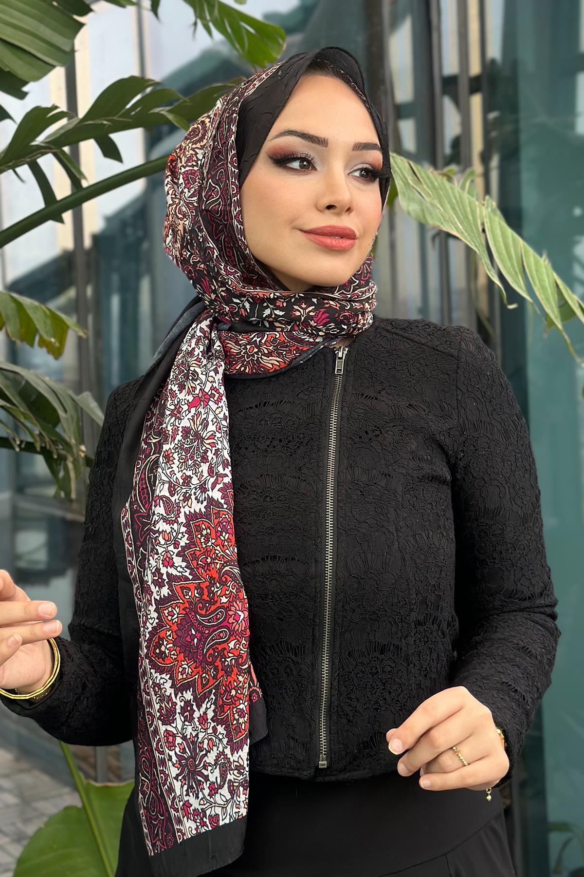 Paisley Desen Kraş Şal Vişne Siyah