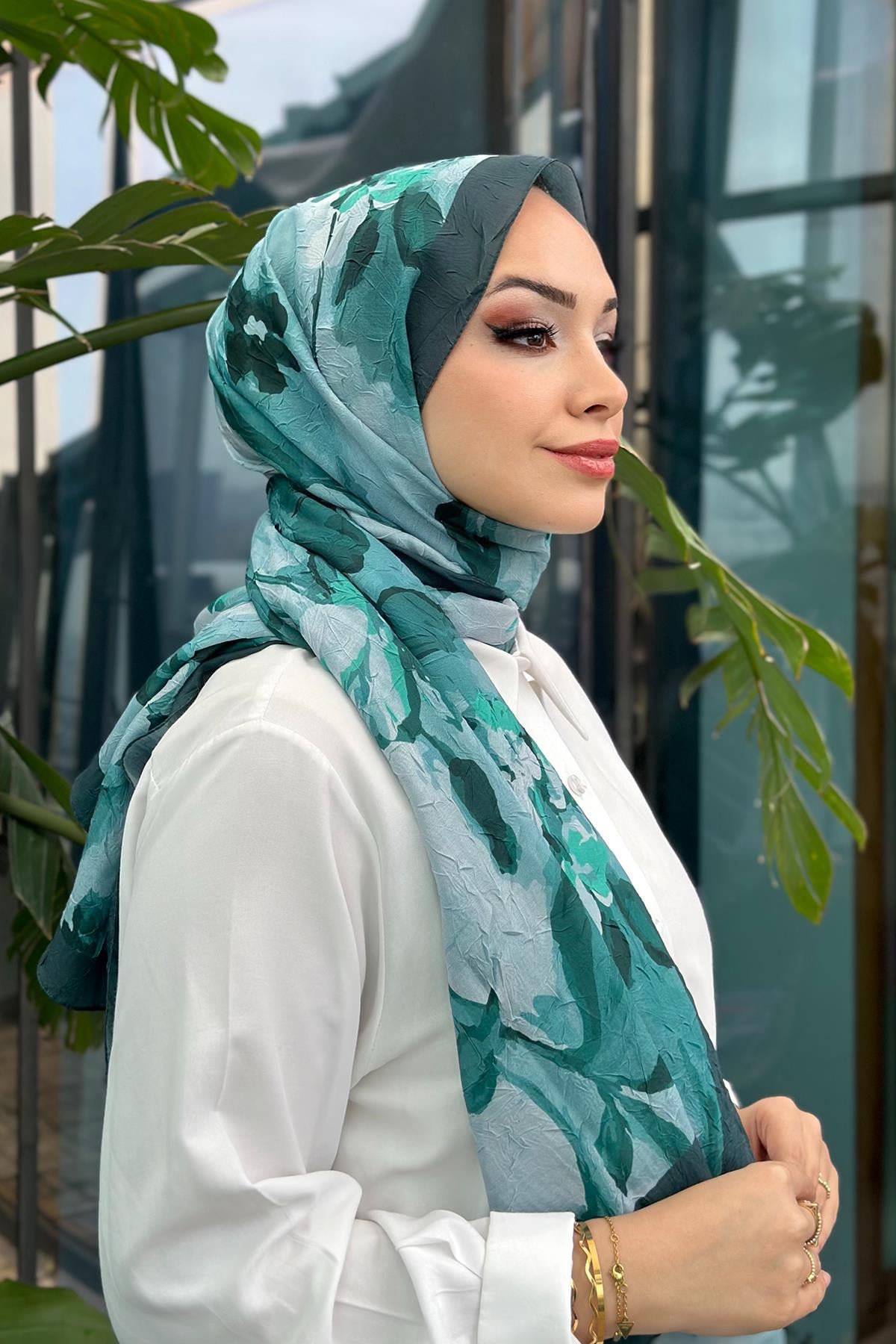 Rose Desen Kraş Şal Çam Yeşil