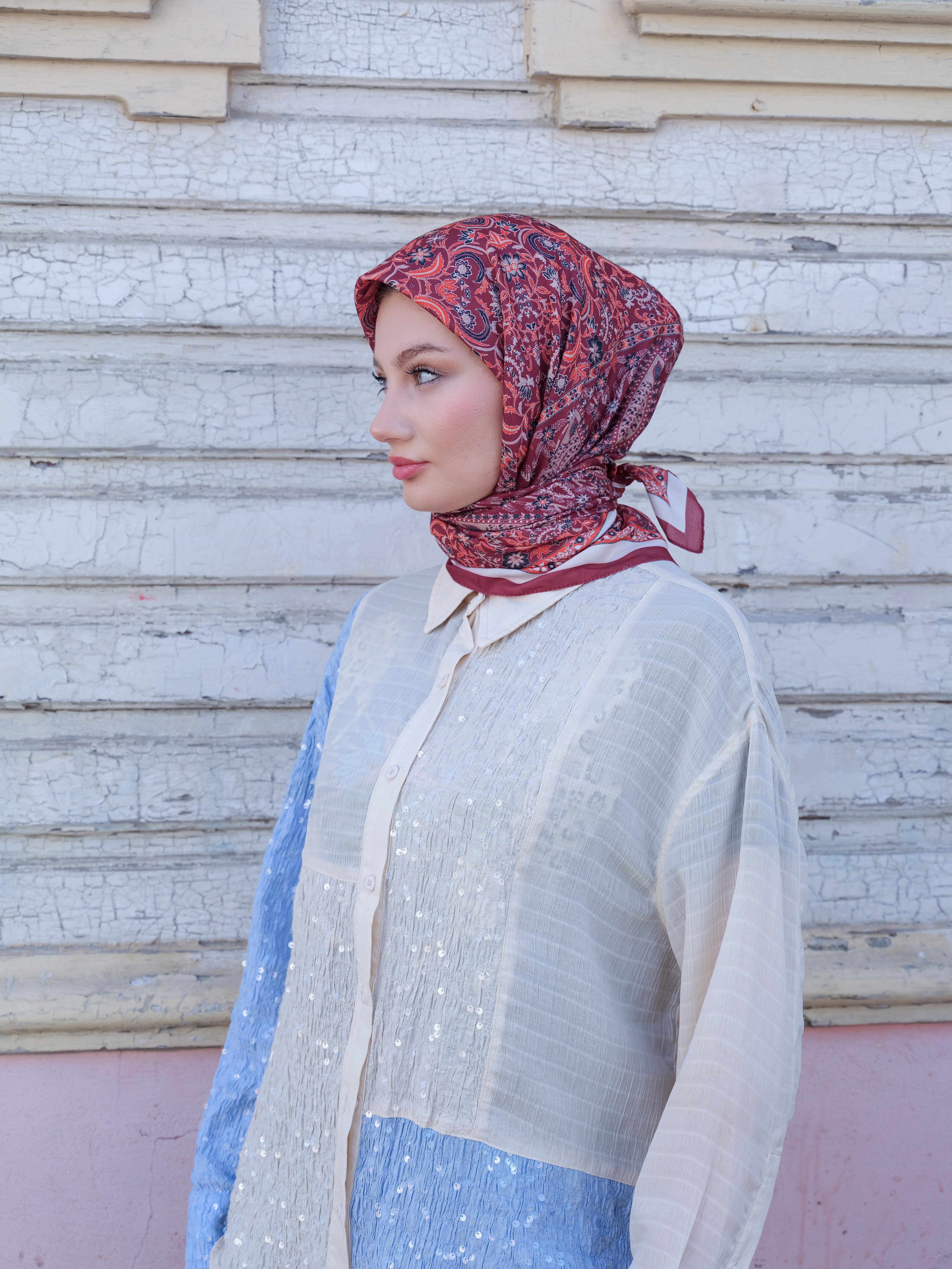 Vintage Desen Eşarp Bordo