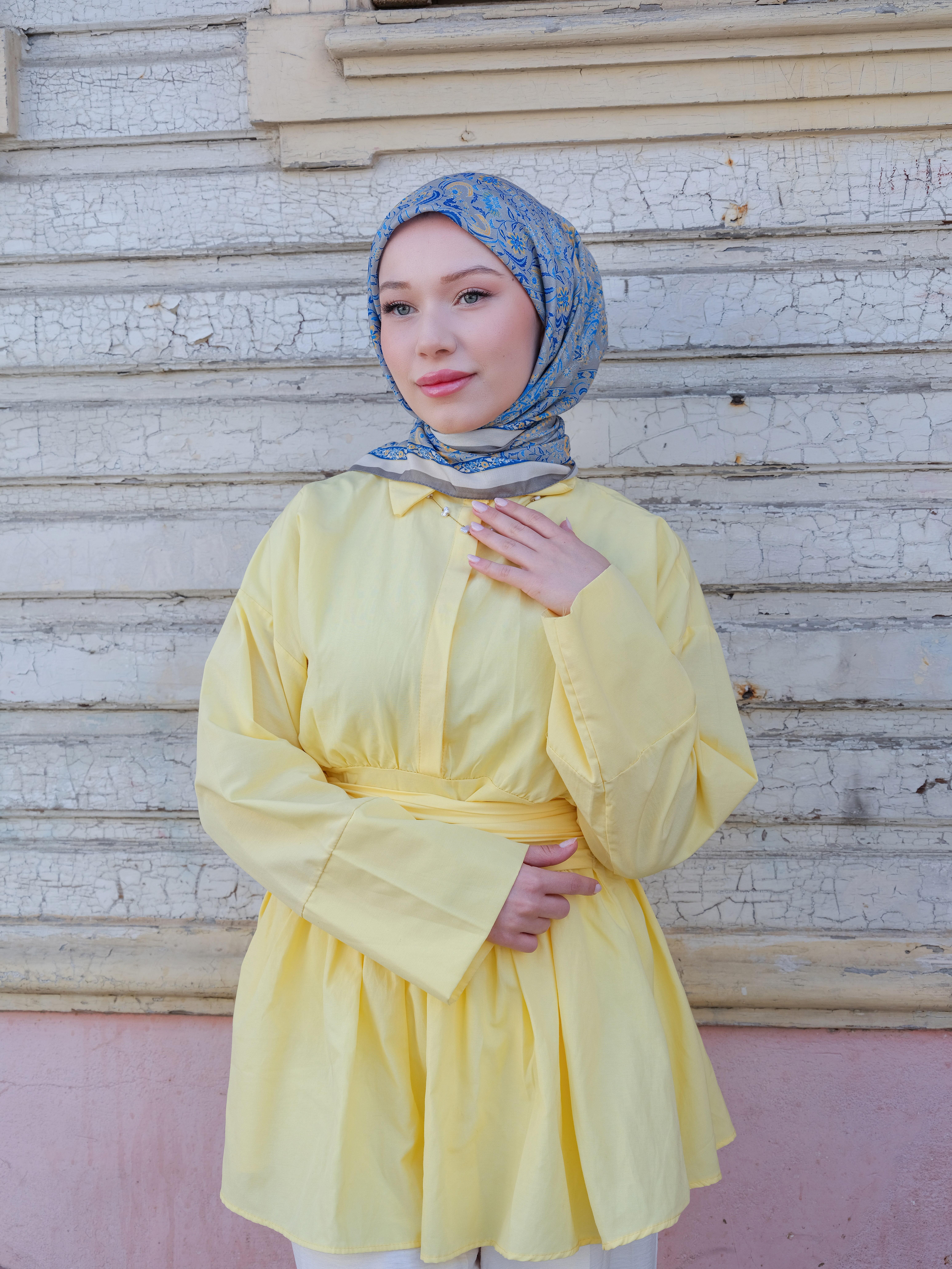 Vintage Desen Eşarp Gri Mavi