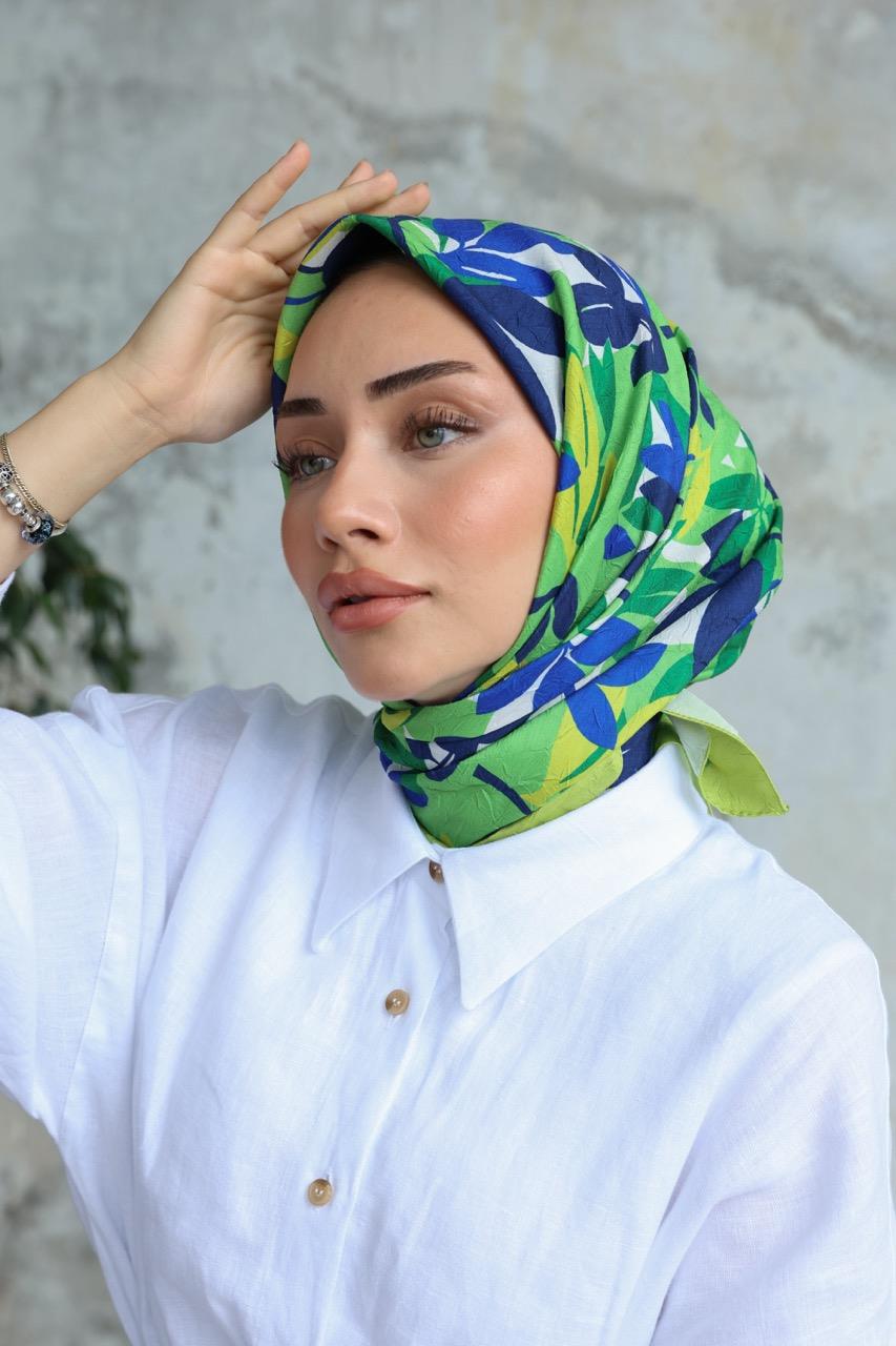 Yaprak Desen Bambu Kraş Eşarp Turkuaz