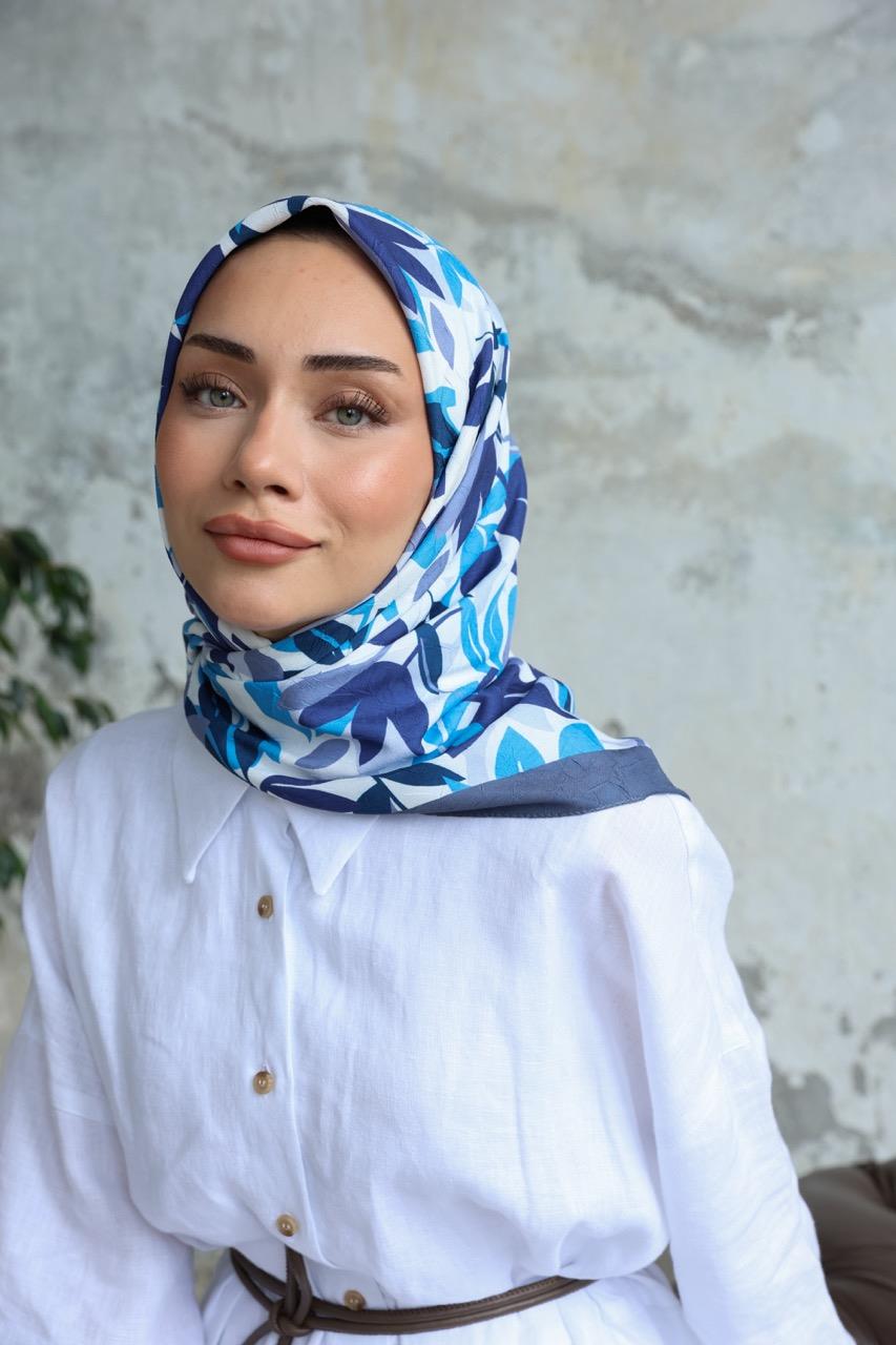 Yaprak Desen Bambu Kraş Eşarp Gök Mavi