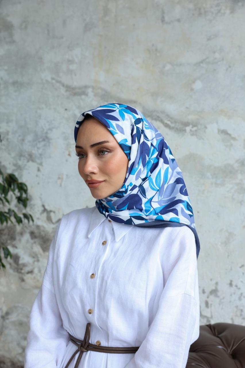 Yaprak Desen Bambu Kraş Eşarp Gök Mavi