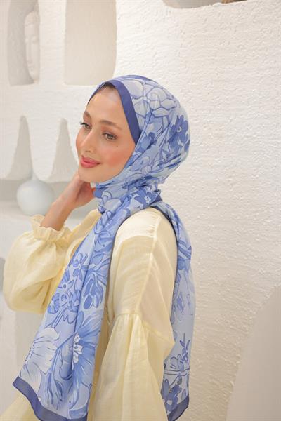 Begonia Desenli Pamuk Şal Mavi