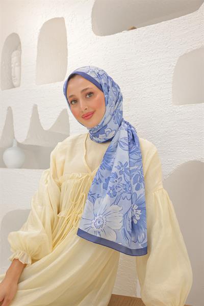 Begonia Desenli Pamuk Şal Mavi