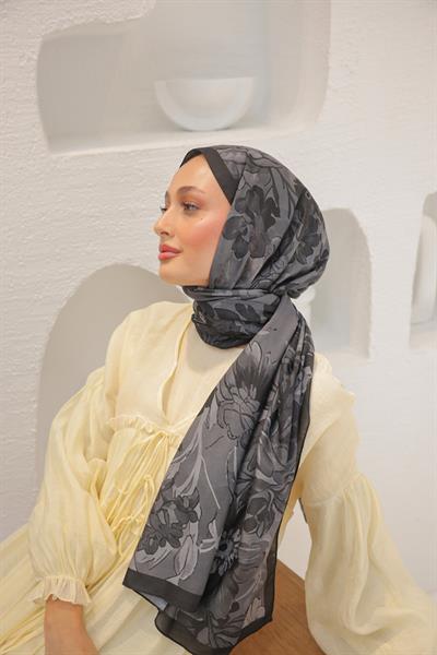 Begonia Desenli Pamuk Şal Siyah