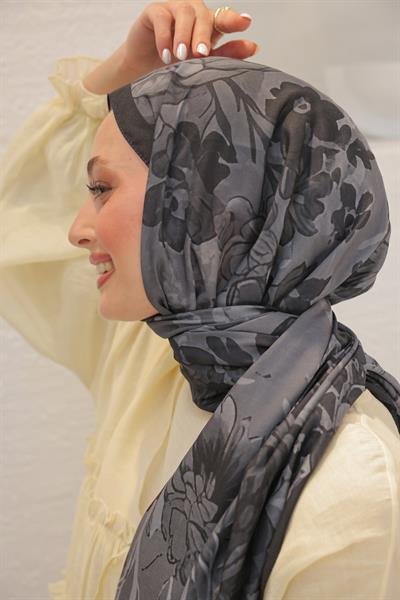 Begonia Desenli Pamuk Şal Siyah