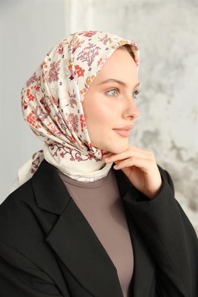 Fiore Desen Bambu Kraş Eşarp Krem