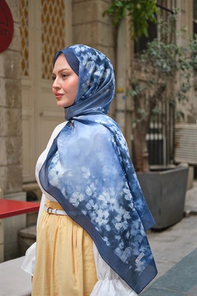 Flora Desen Fransız İpeği Şal Lacivert