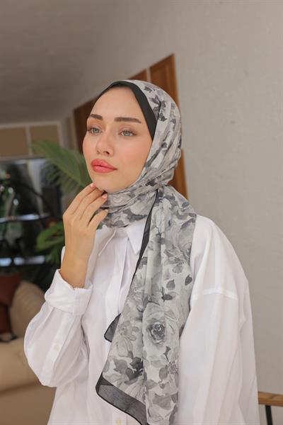 Flora Desenli Pamuk Şal Gümüş