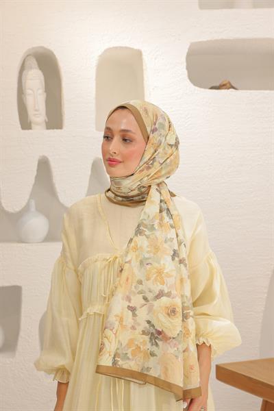 Flora Desenli Pamuk Şal Karamel