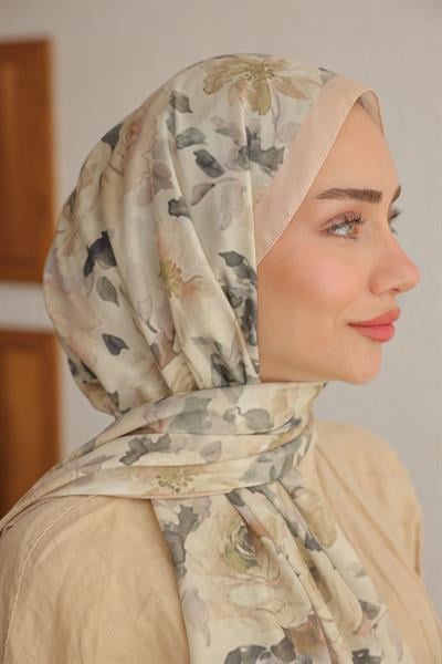 Flora Desenli Pamuk Şal Krem