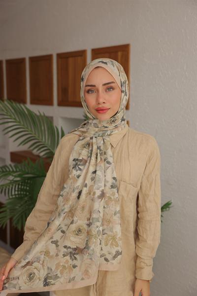 Flora Desenli Pamuk Şal Krem