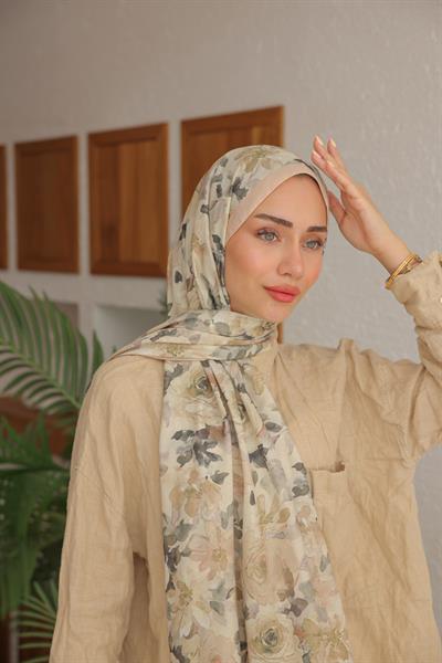 Flora Desenli Pamuk Şal Krem