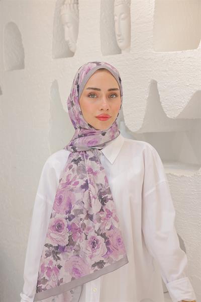 Flora Desenli Pamuk Şal Leylak