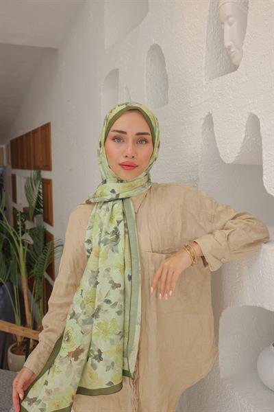 Flora Desenli Pamuk Şal Limon Yeşil