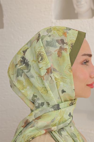 Flora Desenli Pamuk Şal Limon Yeşil