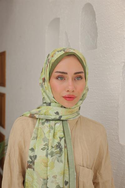 Flora Desenli Pamuk Şal Limon Yeşil