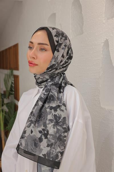 Flora Desenli Pamuk Şal Siyah
