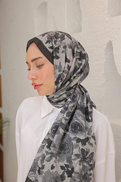 Flora Desenli Pamuk Şal Siyah