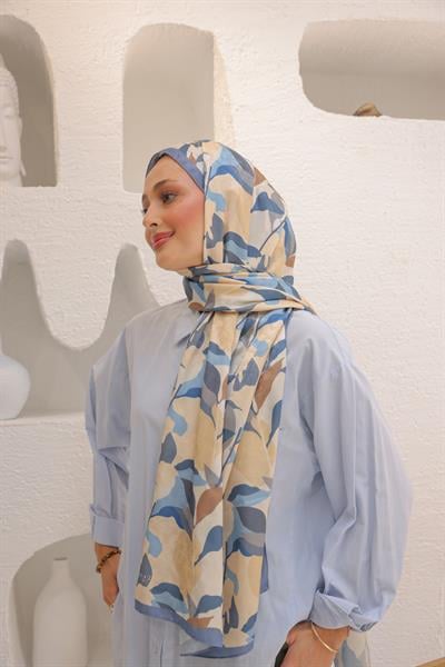 Fly Desen Pamuk İpek Şal Gök Mavi