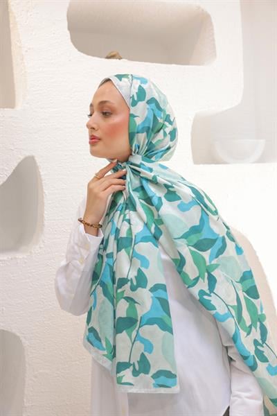 Fly Desen Pamuk İpek Şal Turkuaz