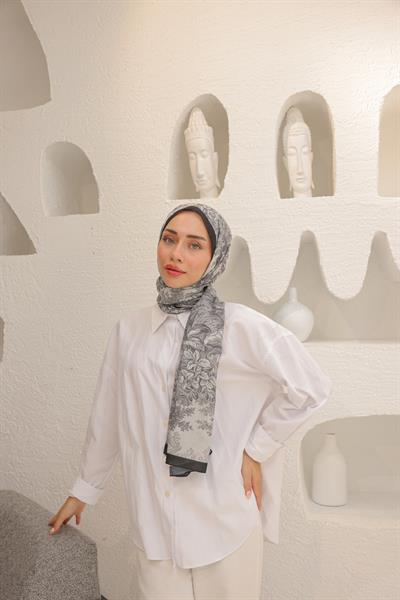 Forest Desenli Pamuk Şal Gri Siyah
