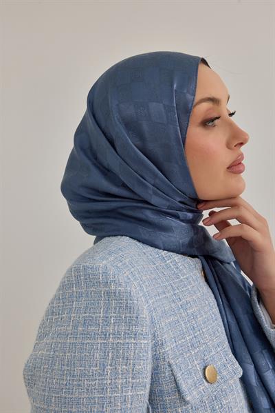 İpeksi Dama Monogram Şal Kot Mavi