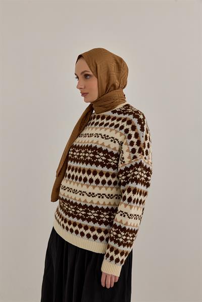 Lap Desen Jakarlı Modal Şal Sütlü Kahve