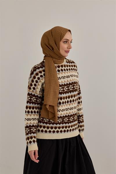 Lap Desen Jakarlı Modal Şal Sütlü Kahve