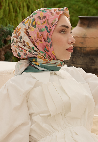 Leaf Desen Bambu Kraş Eşarp Çam Yeşil