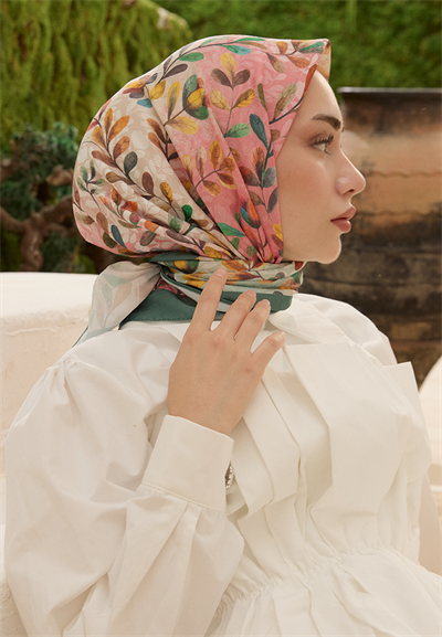 Leaf Desen Bambu Kraş Eşarp Çam Yeşil