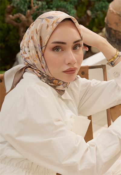 Leaf Desen Bambu Kraş Eşarp Ceviz Kabuğu