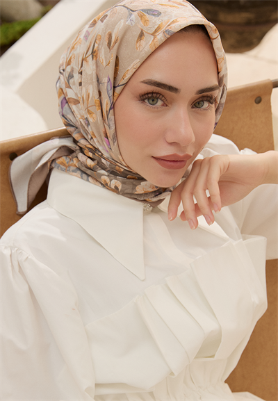 Leaf Desen Bambu Kraş Eşarp Ceviz Kabuğu