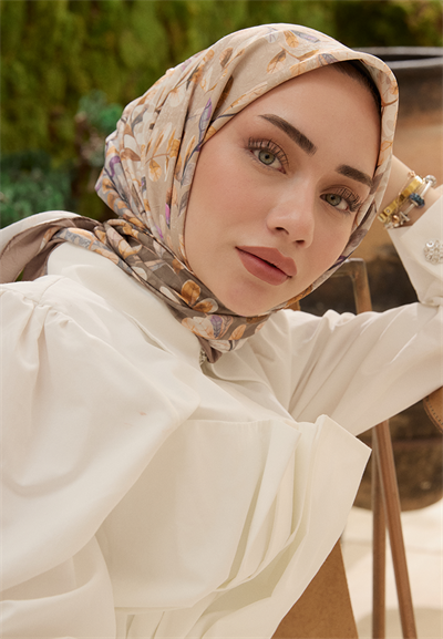 Leaf Desen Bambu Kraş Eşarp Ceviz Kabuğu