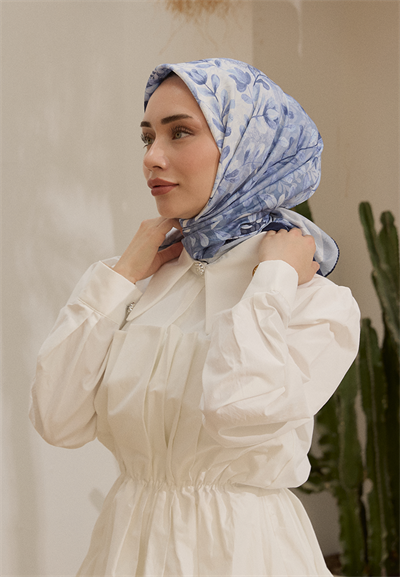 Leaf Desen Bambu Kraş Eşarp Lacivert