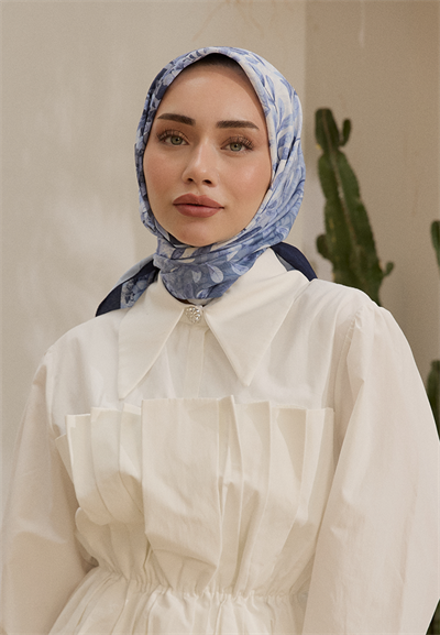 Leaf Desen Bambu Kraş Eşarp Lacivert