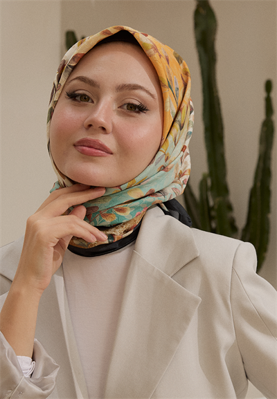 Leaf Desen Bambu Kraş Eşarp Yeşil