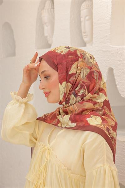 Lilyum Desenli Pamuk Şal Bordo