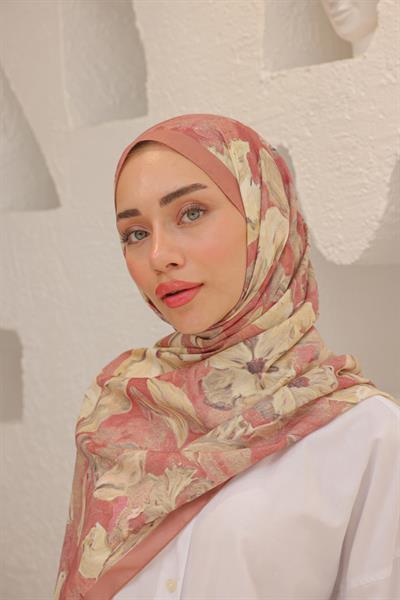 Lilyum Desenli Pamuk Şal Gül Kurusu