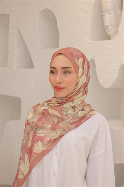 Lilyum Desenli Pamuk Şal Gül Kurusu