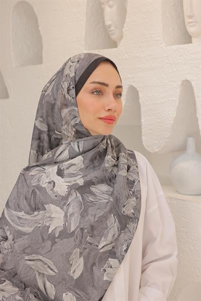 Lilyum Desenli Pamuk Şal Karakalem