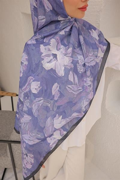 Lilyum Desenli Pamuk Şal Mor Mavi