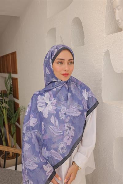 Lilyum Desenli Pamuk Şal Mor Mavi