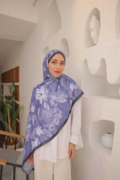 Lilyum Desenli Pamuk Şal Mor Mavi